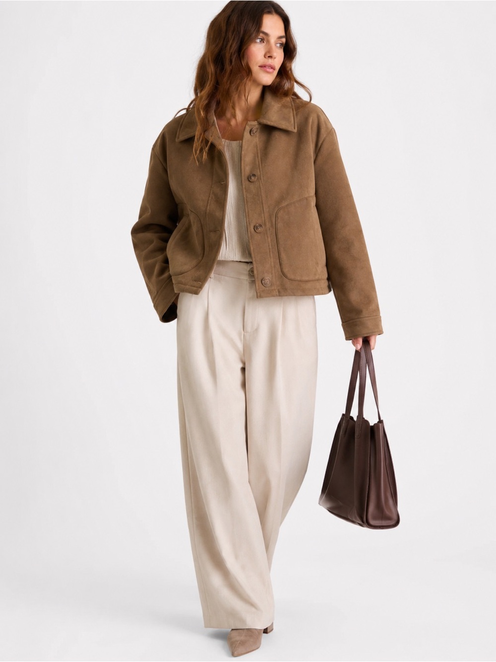 Rebecca Minkoff Faux Suede Boxy Crop Button Jacket Large Brown